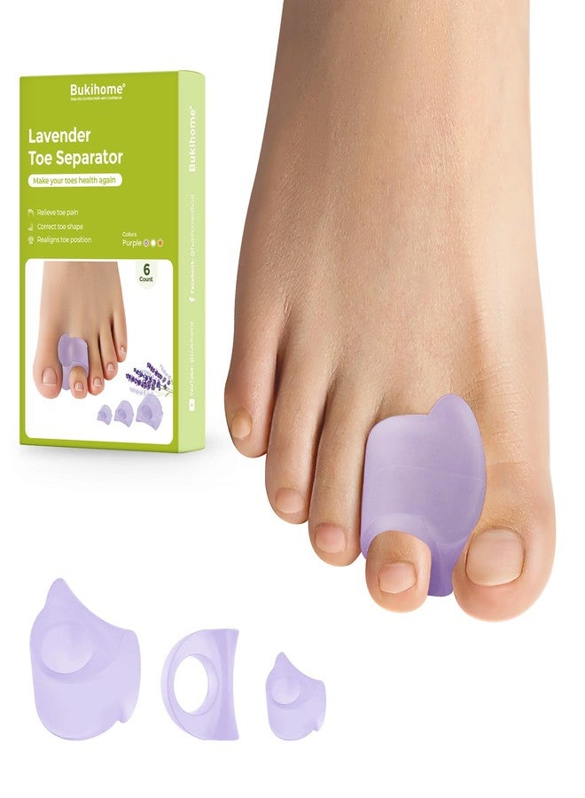 Bukihome Toe Separator for Overlapping Toes - 6 Pack Toe Spacers for Bunions with Lavender Extract - Toe Corrector for Hammer Toes, Realign Crooked Toes (Multi-Size, Lavender) - Image 1
